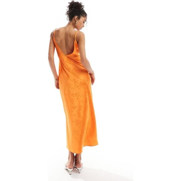 Miss Selfridge Women's Orange Satin Jacquard Strap Back Maxi Slip Dress Size 4 - Picture 2 of 12